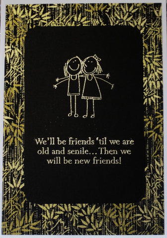Handmade card 2 girls funny words gold-embossed background paper Japanese chiyogami gold bamboo on black