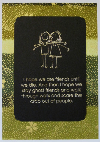 handmade card with embossed girls and words funny saying background of varying green chiyogami paper