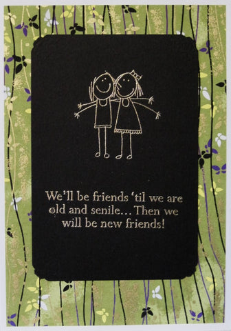 Handmade card 2 girls funny word gold-embossed on front green background chiyogami paper