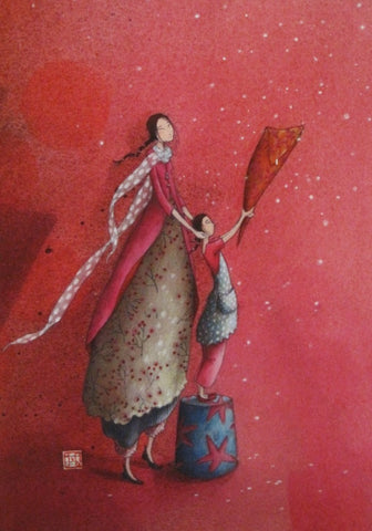 small journal cover showing woman with child trying to catch snowflakes, rose-red background
