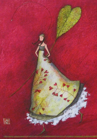 small journal cover with girl in flowing yellow-green dress holding a heart-shaped leaf on rose-red background