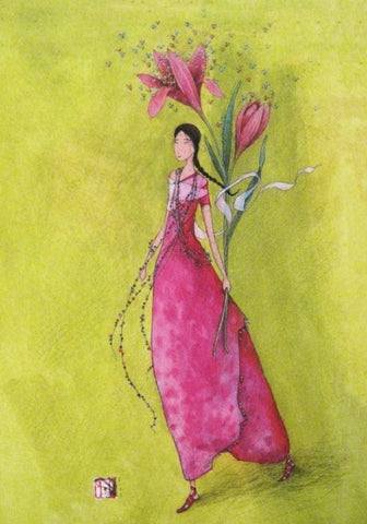 small journal cover showing girl in pink dress holding pink flowers, yellow-green background