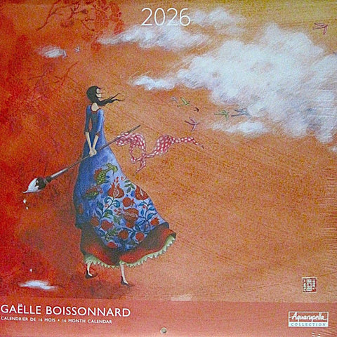 Artistic depiction of a woman in a blue dress with a colorful pattern, set against an orange sky with clouds, on a calendar cover for 2026 by Gaèlle Boissonnard.