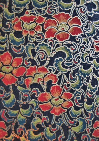 Close-up of Japanese chiyogami paper red flowers on green/dark blue background with gold accents