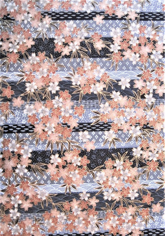 Japanese yuzen, rice, mulberry paper showing flowers on rows of black, blue, grey patterns.