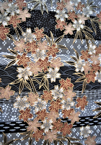 Japanese yuzen, rice, mulberry paper showing flowers on rows of black, blue, grey patterns.