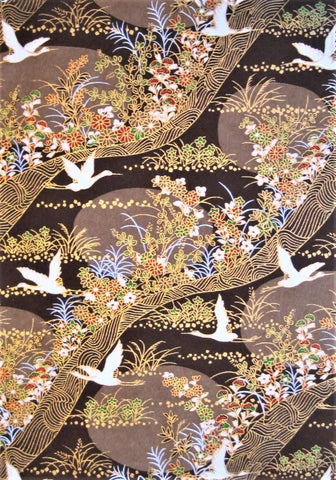 Japanese chiyogami, yuzen, mulberry, rice paper with white cranes on brown floral background with gold accents.