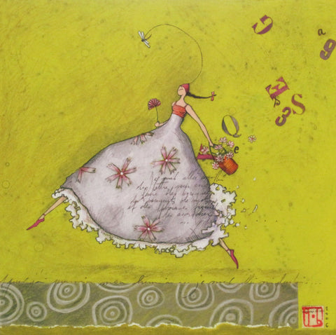 Gaelle Boissonnard freindship card dancing girl in white chartreuse background blank inside square