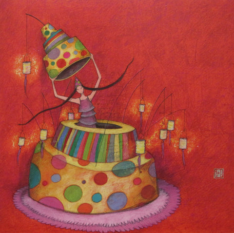 Gaelle Boissonnard birthday card multicolour girl cake red background blank inside square