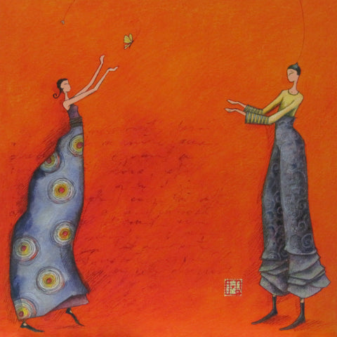 Gaelle Boissonnard Friendship card two blue figures orange background blank inside square