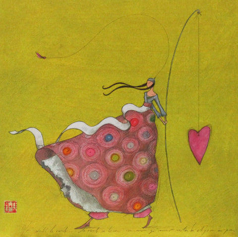 Gaelle Boissonnard love card girl in pink chartreuse background blank inside square