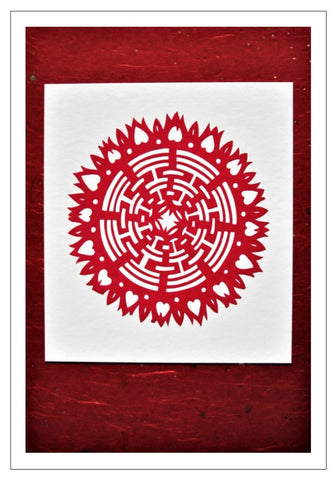 red kaleidoscope symbol handmade card Chinese papercut