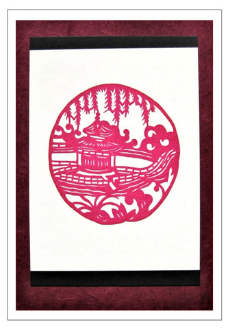 red temple scene handmade card Chinese papercut