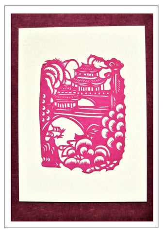 red temple scene handmade card Chinese papercut