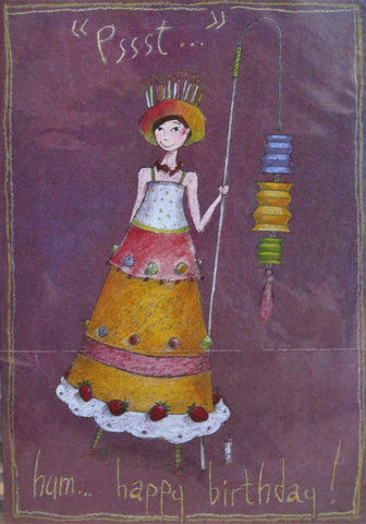 Gaelle Boissonnard greeting card girl dressed like birthday cake holding lanterns
