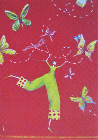 Gaelle Boissonnard greeting card girl in green chasing butterflies on red background