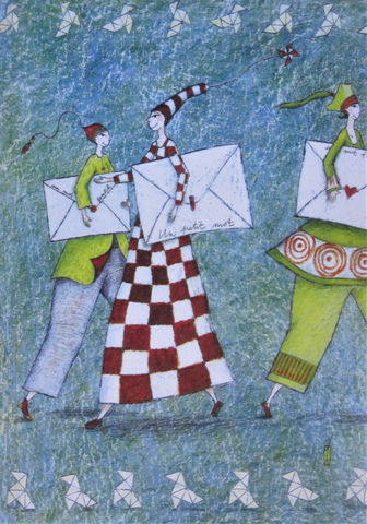 Gaelle Boissonnard greeting card three elves carrying messages in envelopes