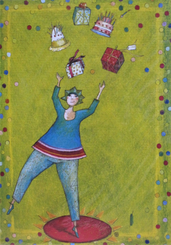 Gaelle Boissonnard greeting card girl in blue juggling gifts 