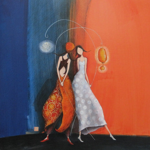 Gaelle Boissonnard art card friendship love any occasion two people one in grey patterned dress one in orange pant suit background orange to dark blue blank card square card