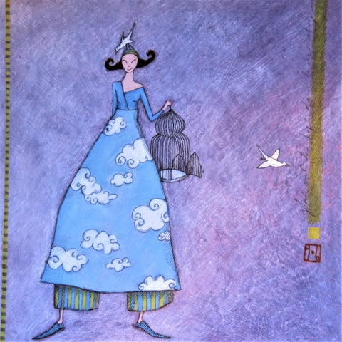 Gaelle Boissonnard Art Card girl in blue holding bird cage on purple background