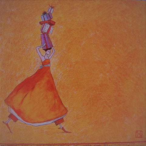 Gaelle Boissonnard Art Card girl in orange carrying gift boxes on head, light orange background