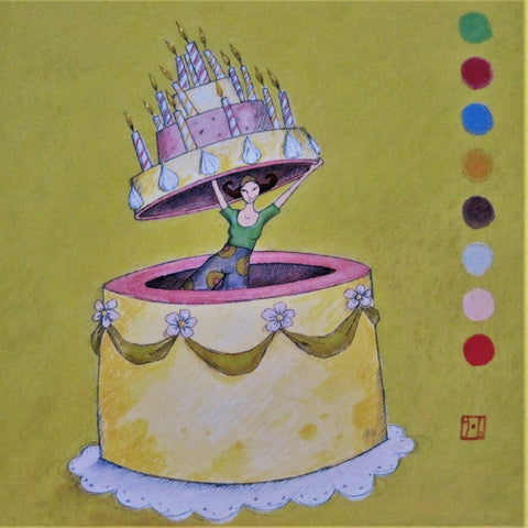 Gaelle Boissonnard Art Card girl leaping out of large yellow birthday cake, yellow-green background