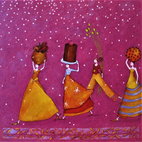 Gaelle Boissonnard Art Card four women in yellow-orange clothes carrying Christmas gifts on purple background