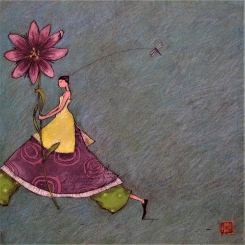Gaelle Boissonnard Art Card girl in yellow & purple dress carrying large flower on green-blue background