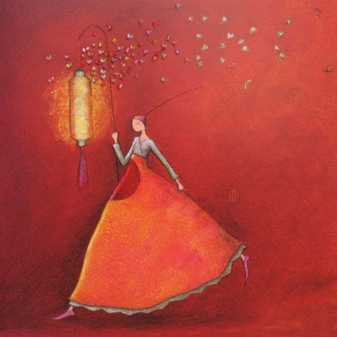 Gaelle Boissonnard Art Card girl in orange holding Chinese lantern on red-orange background