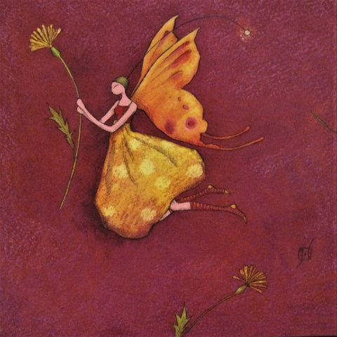 Gaelle Boissonnard Art Card butterfly fairy in yellow holding flower on maroon background