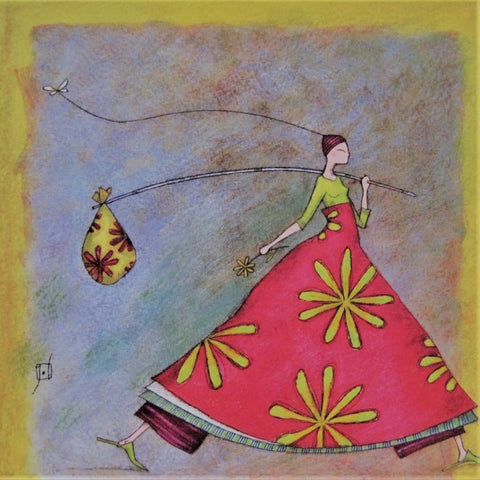Gaelle Boissonnard Art Card girl in flowered red dress carrying bag on pole, blue-grey background with yellow border