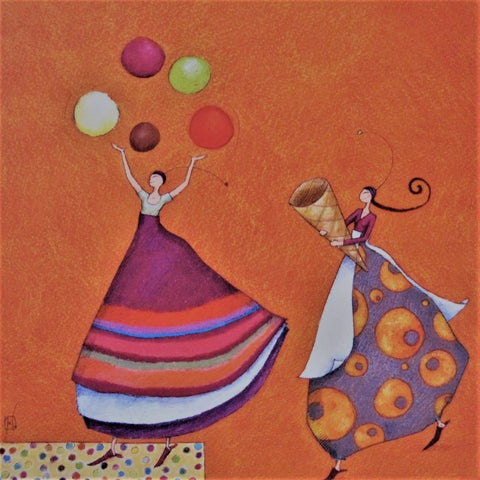 Gaelle Boissonnard Art Card two colorfully dressed women, one juggling ice cream balls and one holding an empty ice cream cone, on orange background