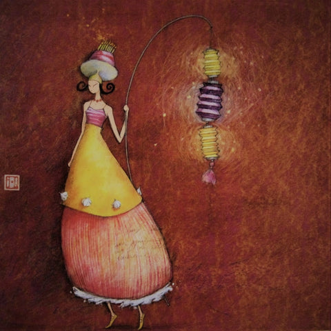 Gaelle Boissonard Art Card girl in yellow-pink dress with birthday cake hat, holding a festival lantern, on a burgandy background