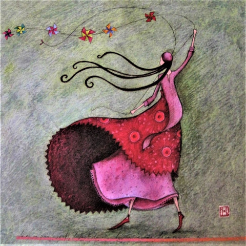 Gaelle Boissonnard Art Card girl in pink-red dress flying mini-kites on a green-blue background