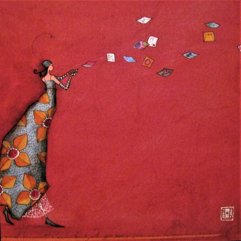 Gaelle Boissonnard Art Card woman in flowered dress releasing flying notes and letters, red background
