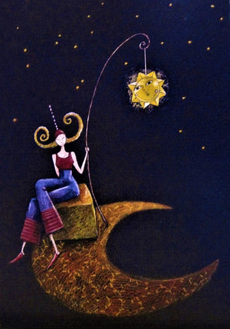 Gaelle Boissonnard greeting card of girl in space sitting on the moon dark blue background