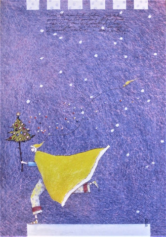 Gaelle Boissonnard French artist greeting Christmas card showing skater holding small tree.