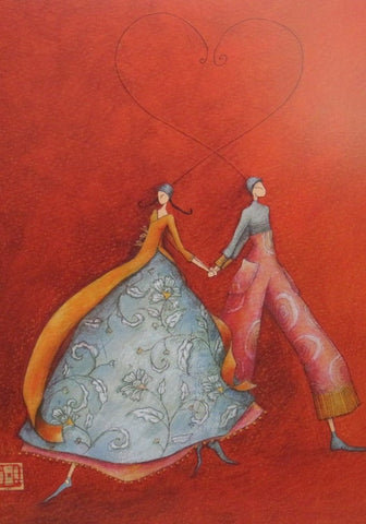 Gaelle Boissonnard 9 x 12 inches very large greeting card / wedding card two people holding hands on red-orange background