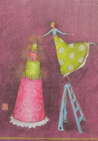 Very large Gaelle Boissonnard greeting card girl in green standing on a ladder beside birthday cake
