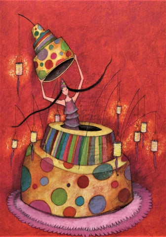 Very large Gaelle Boissonnard greeting card girl jumping out of colorful birthday cake