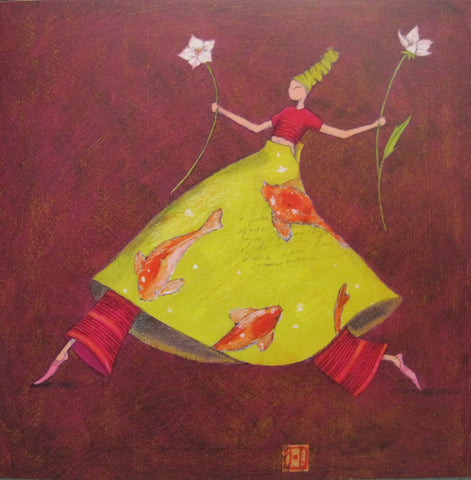 Gaelle Boissonnard art card girl in green red with flowers maroon background square card blank card