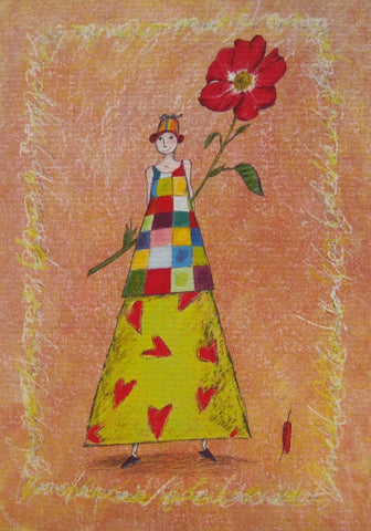 Gaelle Boissonnard greeting card girl holding large red poppy on light orange peach background