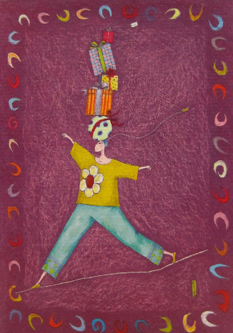 Gaelle Boissonnard greeting card woman on tightrope with gifts balanced on head