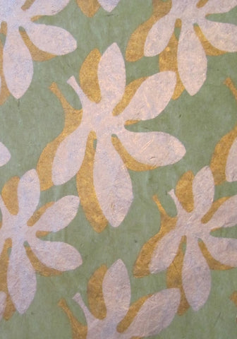 Paper from Nepal, screenprint silver gold flower pattern on green background