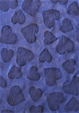 Lokta paper from Nepal, embossed dark blue hearts on blue background