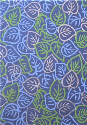 Cotton-rag paper from India, screenprinted leaf design of green, blue, silver on blue-grey background
