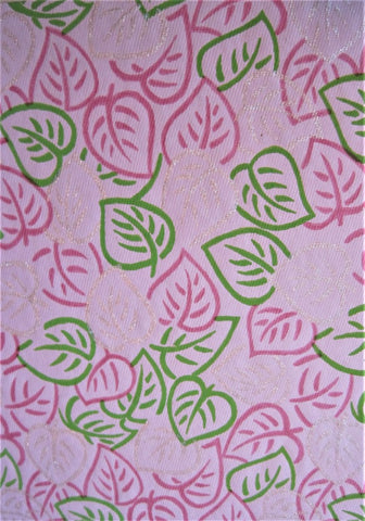 Cotton-rag paper from India, screenprinted leaf design in green, dark pink, silver on light pink background